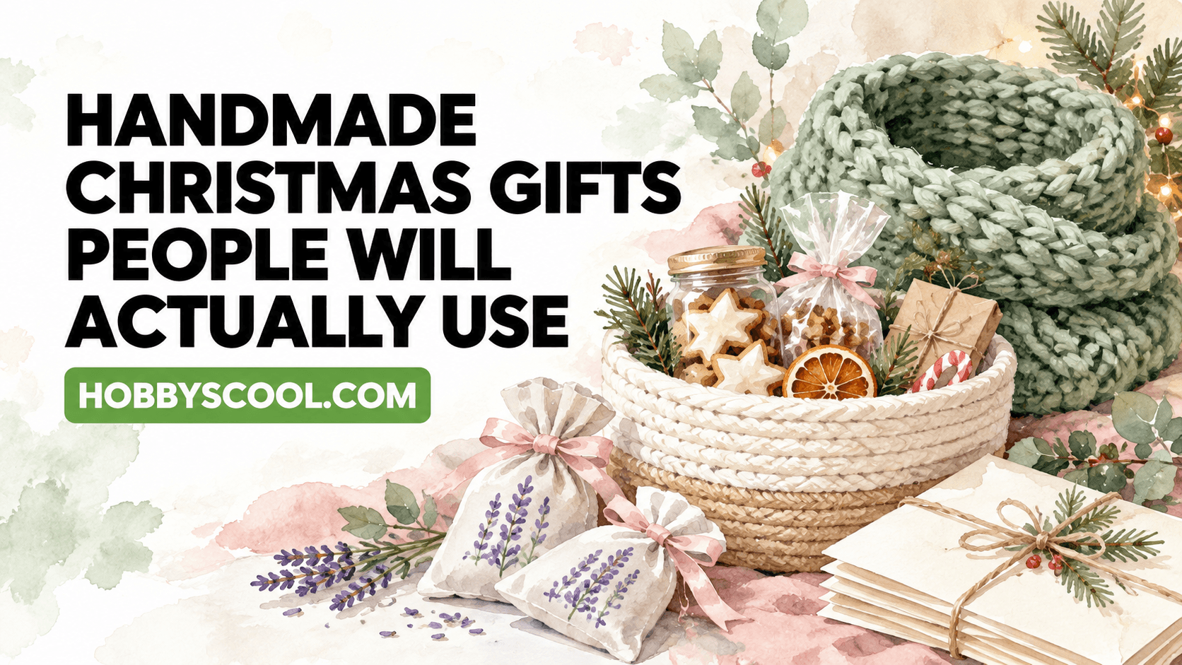 Handmade Christmas gifts people will actually use: a knit cowl, a rope basket of treats, lavender sachets and tied bundles of notes