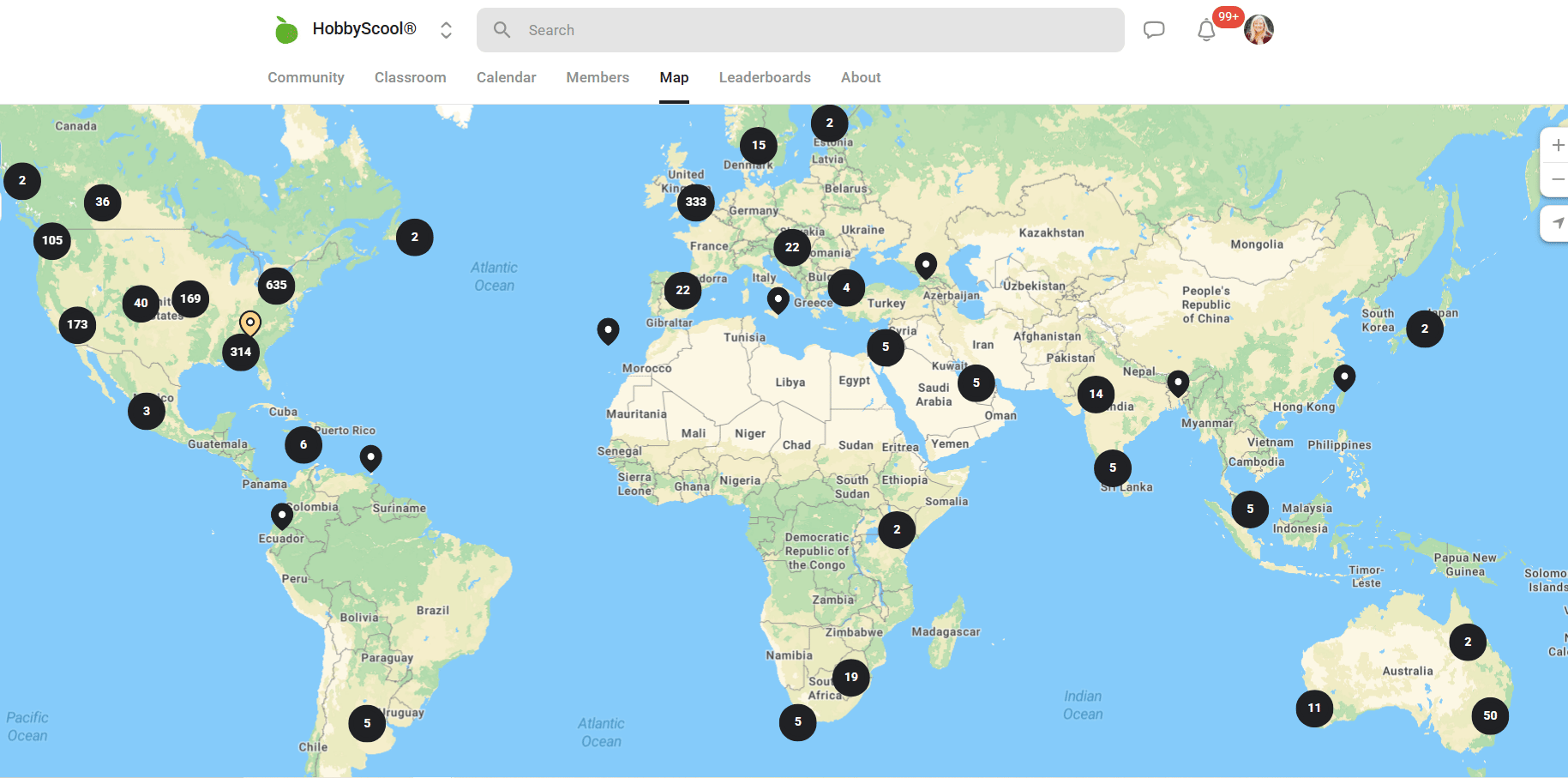 Map of members in HobbyScool Skool community