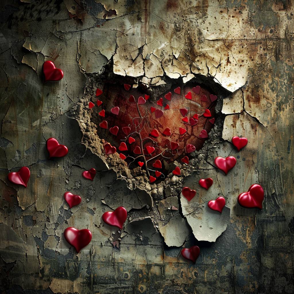 a heart coming out of wood surrounded by smaller hearts