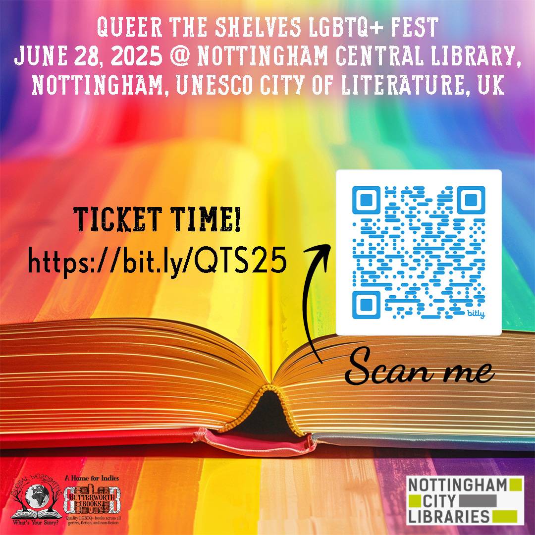 open book with rainbow background and a QR code at the front, in order to buy tickets for the Queer the Shelves festival in June.