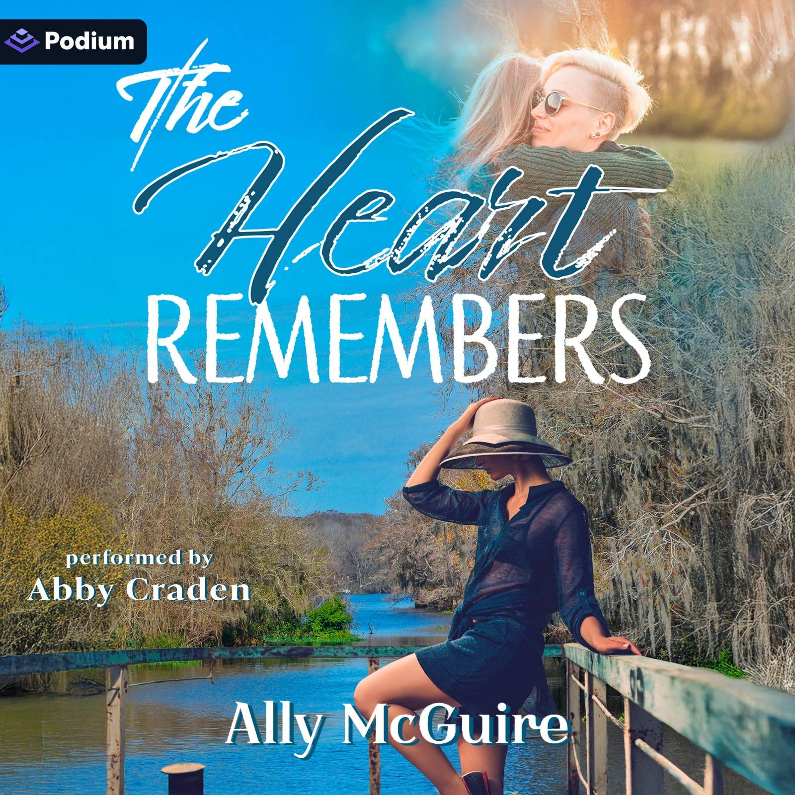 The cover of The Heart Remembers, the audiobook version. Blue background of sky and trees, river in the distance. Woman at the forefront in a loose black dress, holding her straw hat on her head.