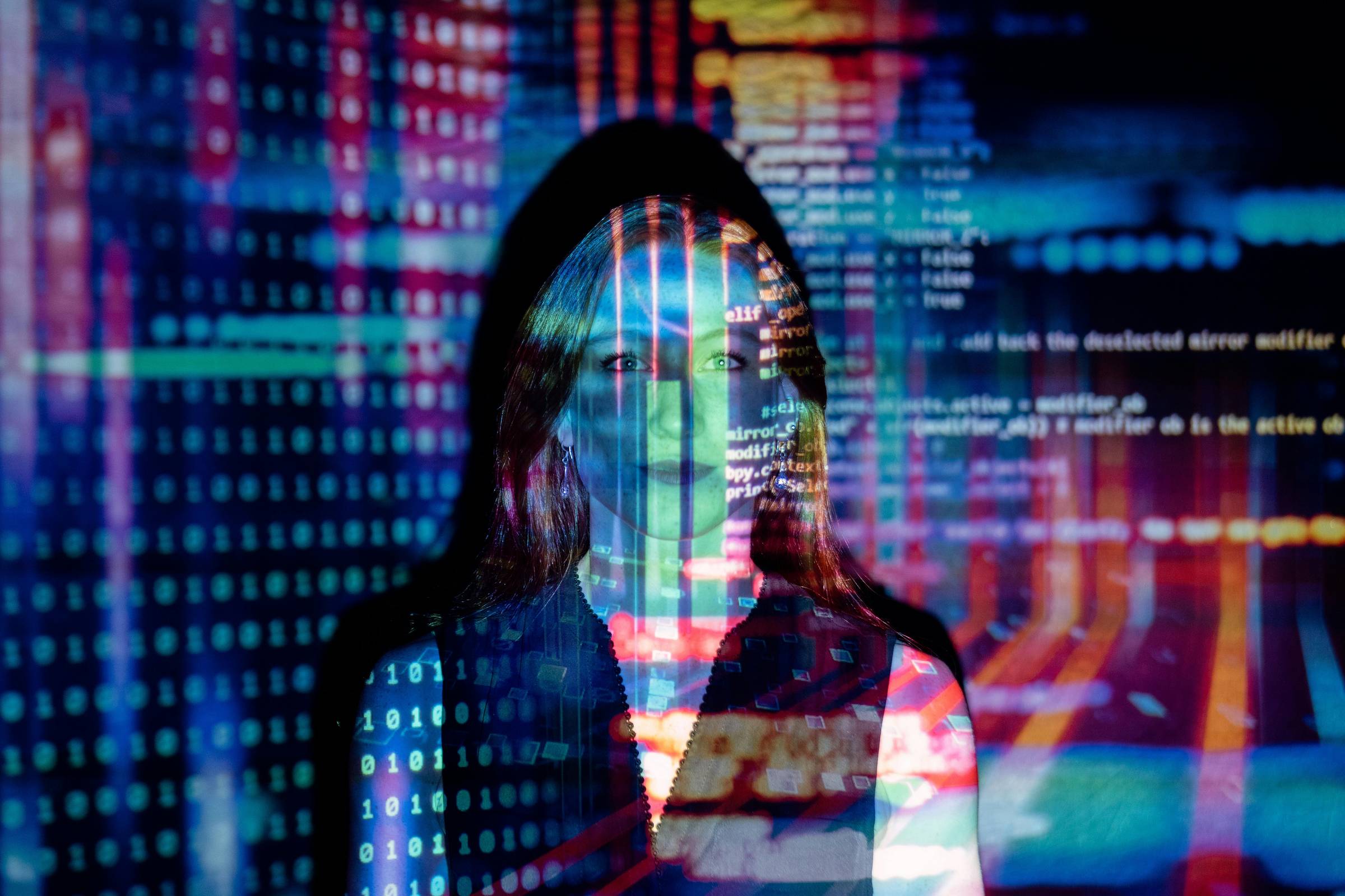 image of a woman with a computer generated ai text overlay