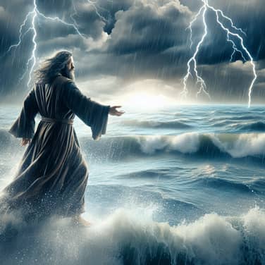 Jesus walks on water.