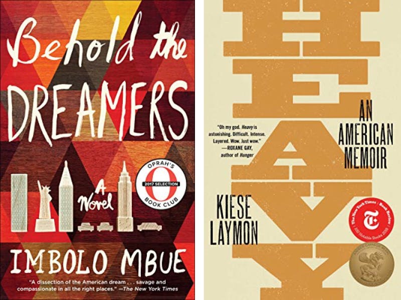 Book jackets for Imbolo Mbue's Behold the Dreamers and Kiese Laymon's Heavy
