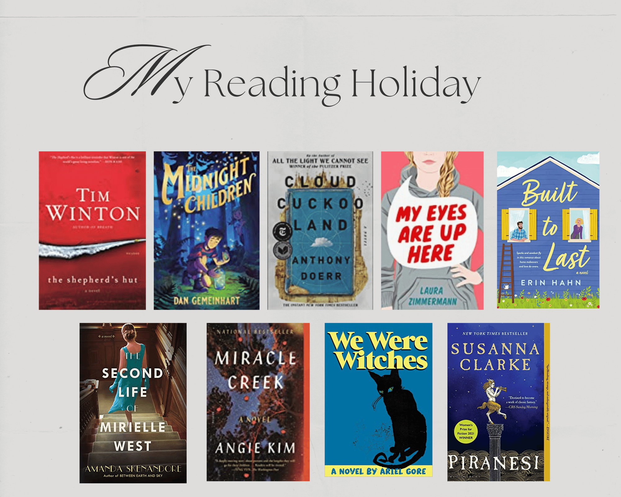 The books I read on my recent reading holiday: The Shepherd's Hut, The Midnight Children, Cloud Cuckoo Land, My Eyes are Up Here,  The Second Life of Mirielle West, Miracle Creek, We Were Witches, Piranesi. Built to Last,