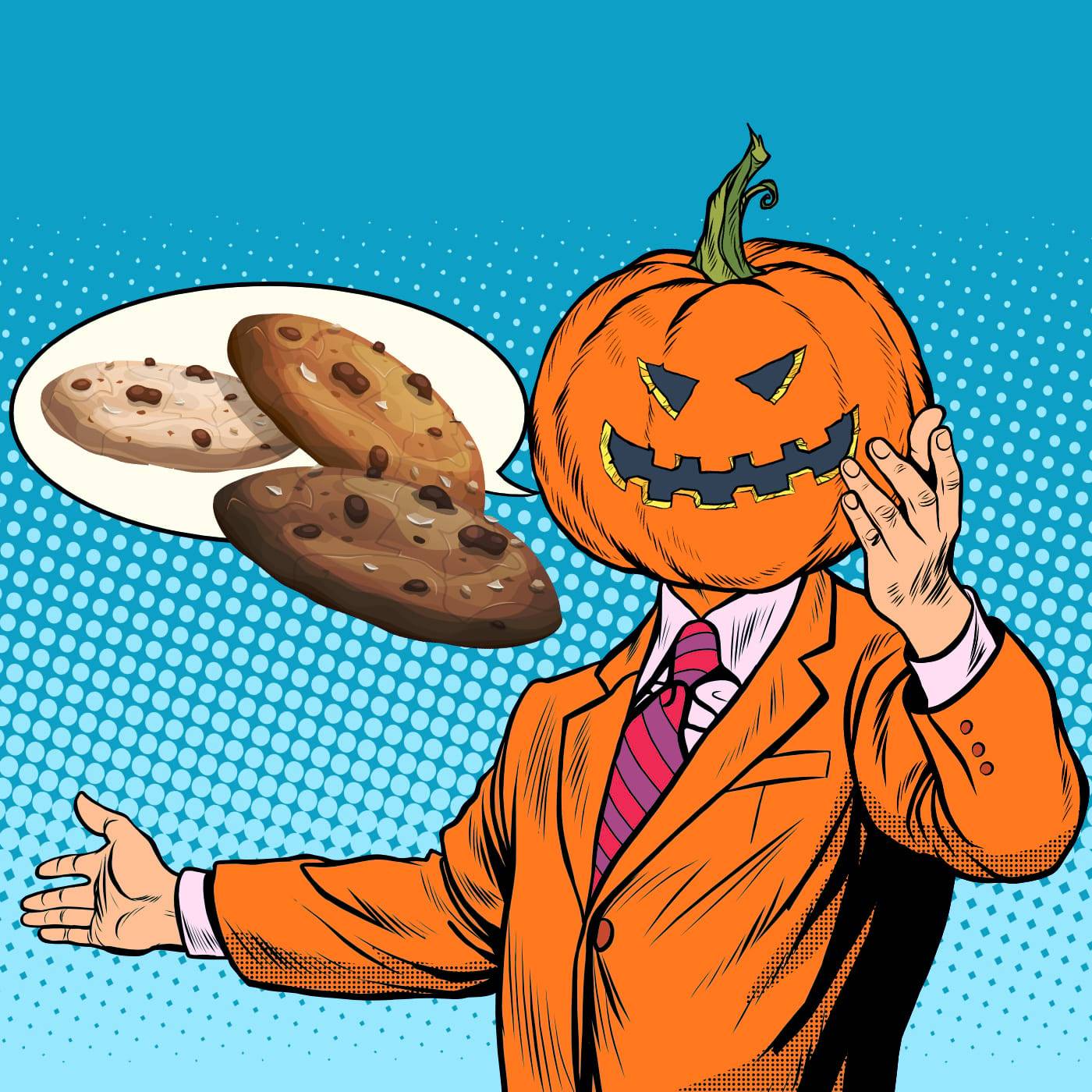 A man with a pumpkin head offering biscuits