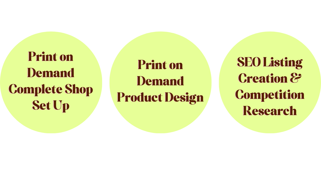 print on demand shop specialist, complete print on demand shop set up services, print on demand product design services, seo listing creation and competition research services