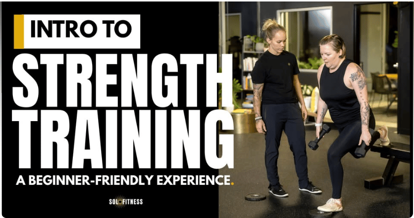 Renia strength-training at a gym, with a trainer standing next to her spotting her. A headline reads, "Intro to Strength Training: a beginner-friendly experience. Sol Fitness."