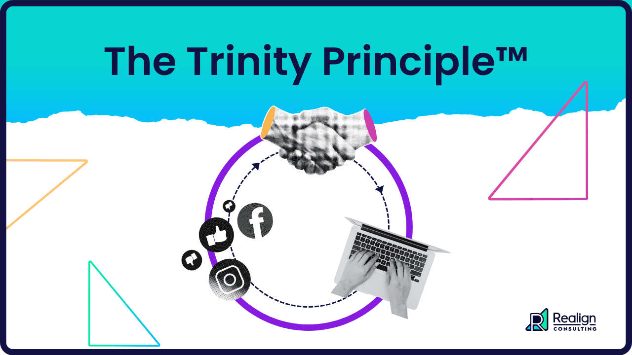 A circle with a laptop, social media icons, and shaking hands to represent using just three platforms for your marketing