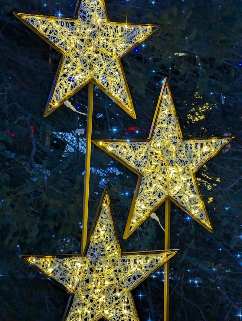 Three lighted stars on a pole in front of a tree