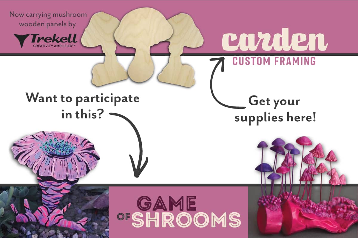 Promotional graphic featuring wooden mushroom panels by Trekell, with colorful mushroom art and text encouraging participation and supply acquisition.