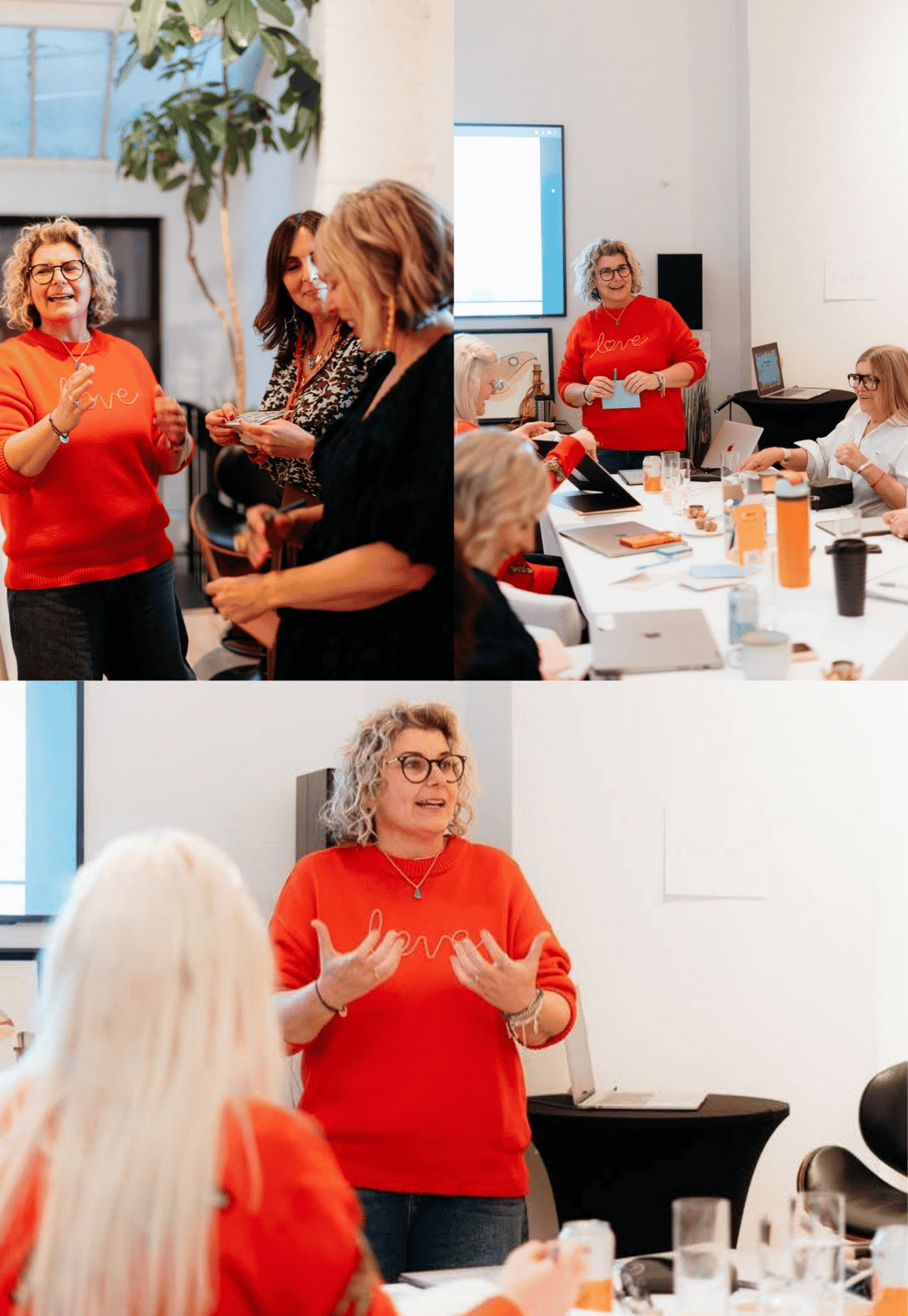 Dani Sumner talks and laughs with women at the Shrimp Club Retreat. The collage shows her wearing glasses and a bright red sweater while chatting with attendees and presenting to the group.