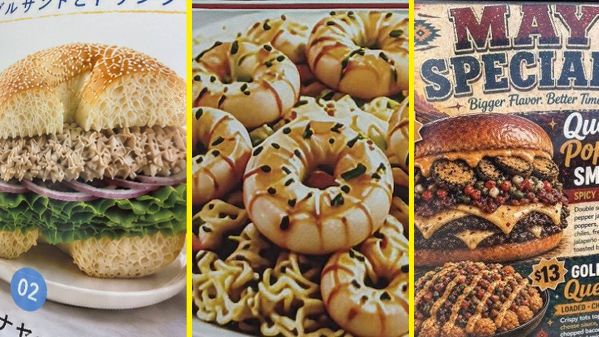Three disturbing AI food images: a tuna sandwich with a spongy, hole-riddled bun and frosting-like piped tuna, shrimp-shaped "donuts" on raw instant ramen, and a fast food burger ad piled with glossy, unidentifiable toppings arranged too perfectly.