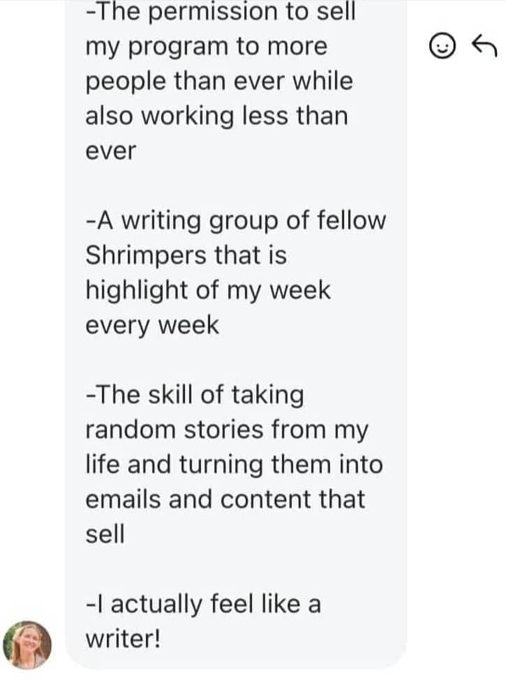 “-The permission to sell my program to more people than ever while also working less than ever  -A writing group of fellow Shrimpers that is highlight of my week every week  -The skill of taking random stories from my life and turning them into emails and content that sell  -I actually feel like a writer!”