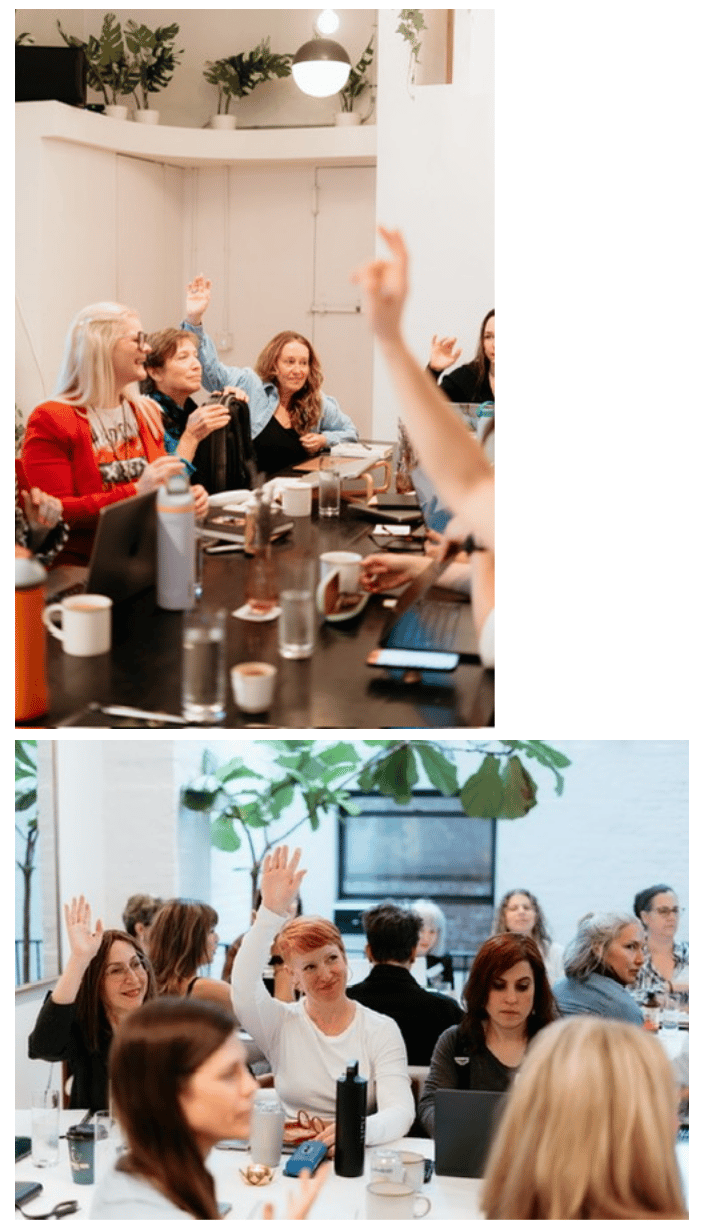 Two images of workshop participants seated around tables in a bright room, with several women raising their hands to participate while others take notes on laptops, surrounded by coffee cups, water bottles, and notebooks.