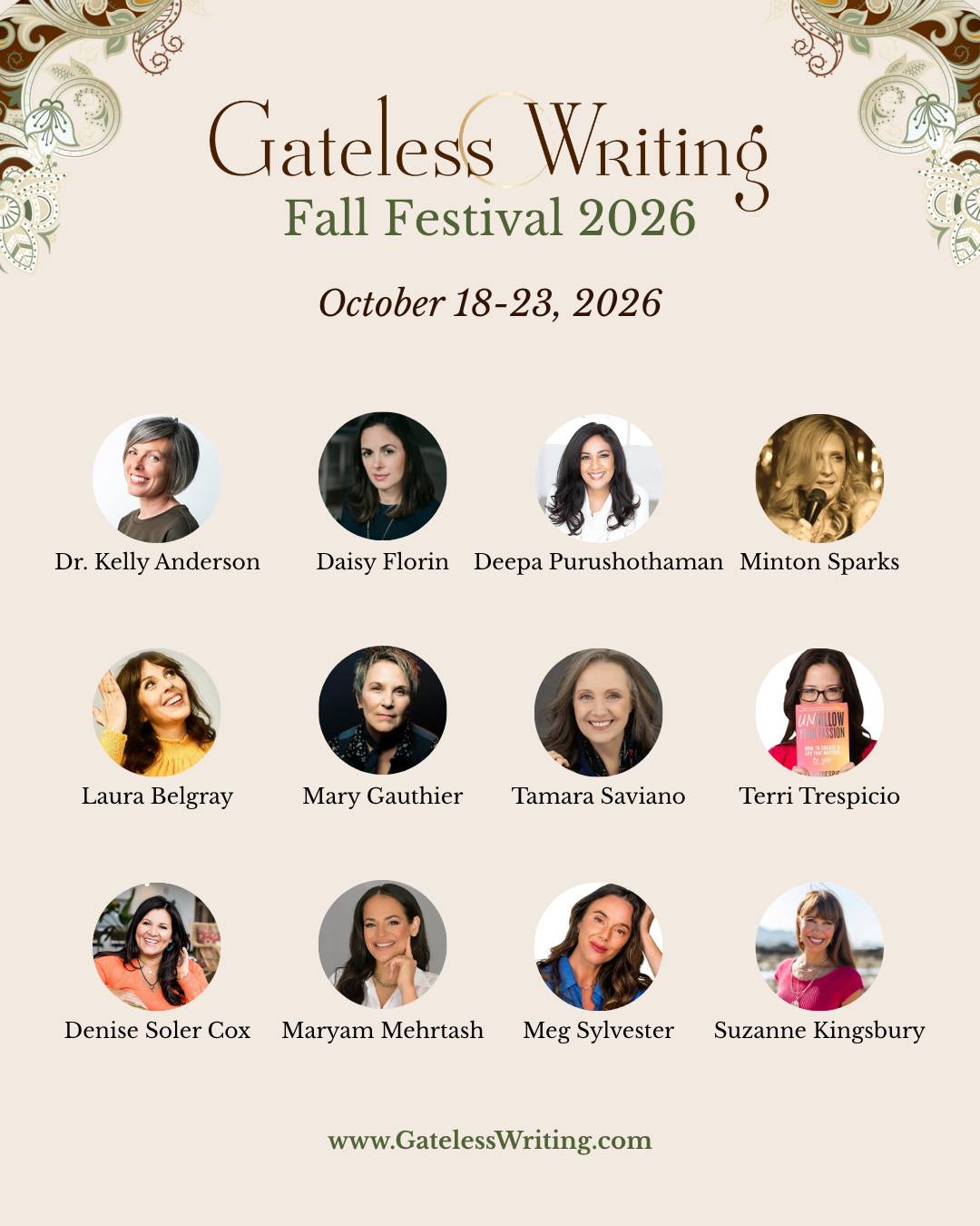 Gateless Writing Fall Festival 2026, October 18–23, 2026. The graphic features photos of Dr. Kelly Anderson, Daisy Florin, Deepa Purushothaman, Minton Sparks, Laura Belgray, Mary Gauthier, Tamara Saviano, Terri Trespicio, Denise Soler Cox, Maryam Mehrtash, Meg Sylvester, and Suzanne Kingsbury. The Gateless Writing website appears at the bottom.
