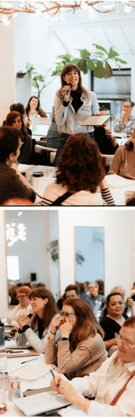 Two images from a workshop: in the first, a woman stands speaking into a microphone while holding a tablet, addressing seated participants; in the second, attendees sit at tables smiling, listening, and taking notes in a bright, modern room.