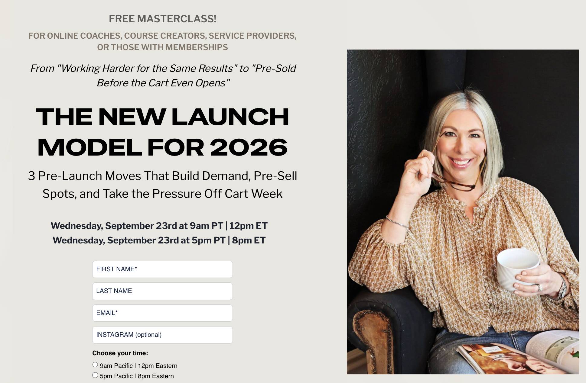 Promotional page for a free masterclass titled “The New Launch Model for 2026,” offering three pre-launch strategies to build demand and pre-sell spots. Registration form appears beside a portrait of a Brenna, a woman with shoulder length blonde hair and a big smile smiling holding glasses and a mug.