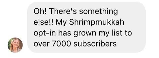 “Oh! There’s something else!! My Shrimpmukkah opt-in has grown my list to over 7000 subscribers”