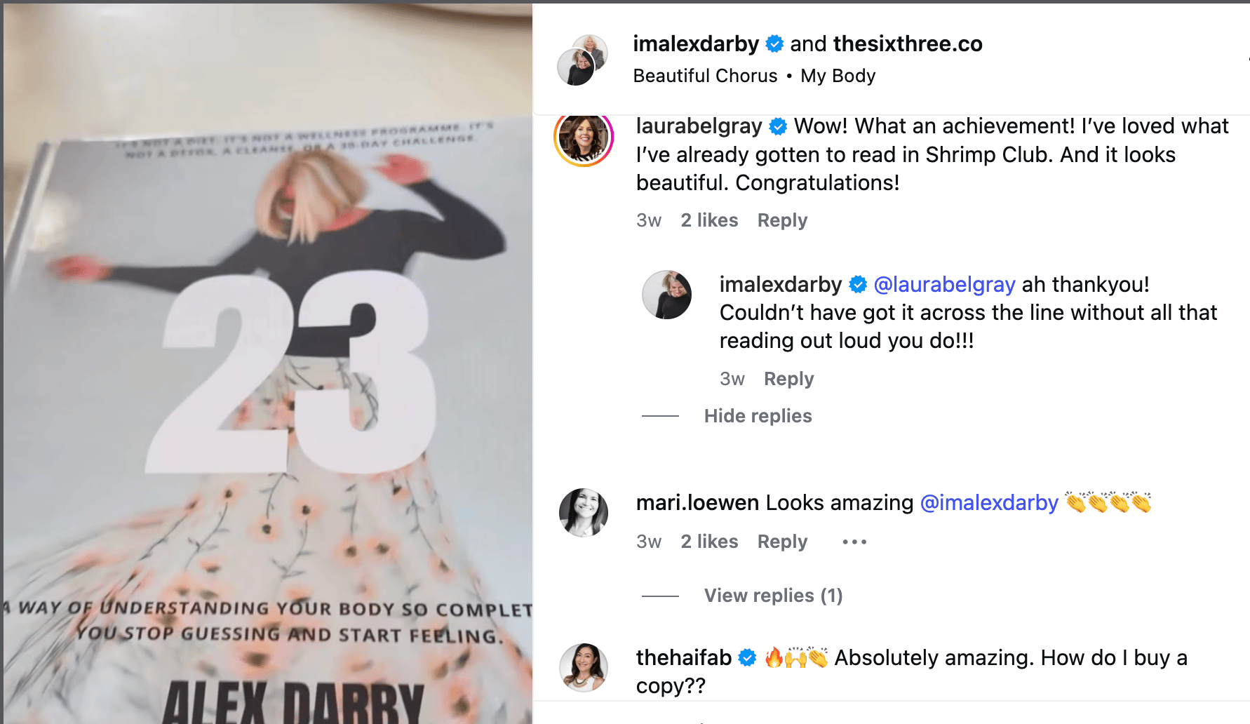 A screenshot of an Instagram post shows a book titled “23” by Alex Darby alongside comments celebrating the achievement. Laura Belgray comments, “Wow! What an achievement! I’ve loved what I’ve already gotten to read in Shrimp Club. And it looks beautiful. Congratulations!” Other commenters praise the book and ask how to buy a copy.
