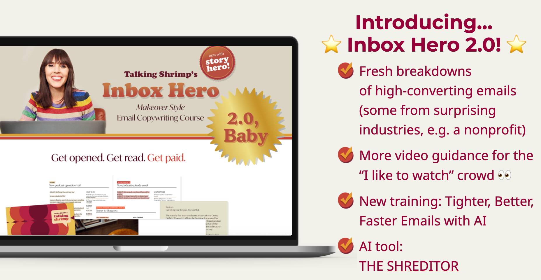Talking Shrimp’s Inbox Hero 2.0 email copywriting course introduces fresh high-converting email breakdowns, more video guidance, training on tighter, better, faster emails with AI, and an AI tool called the Shreditor.