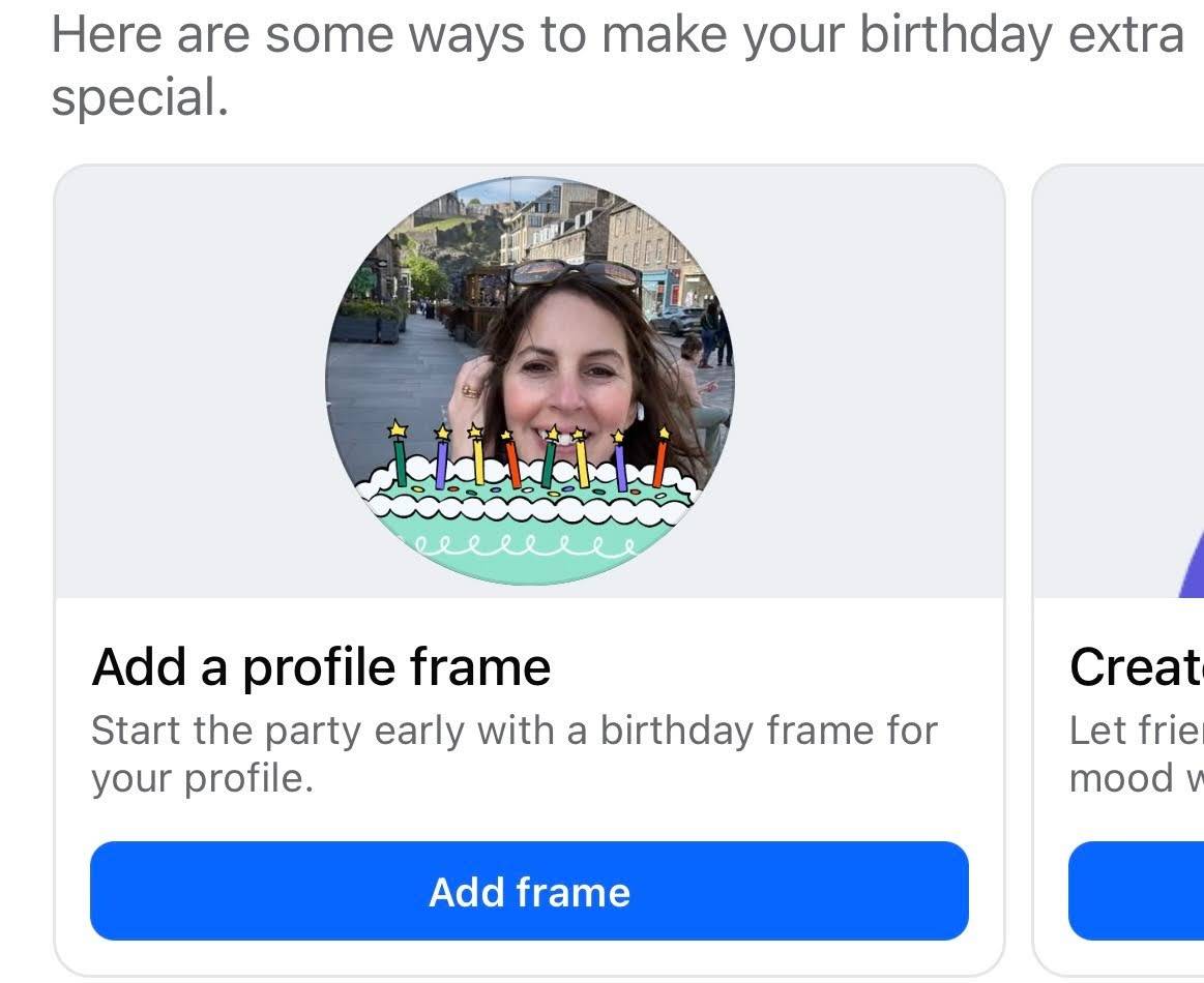 A birthday prompt shows Laura Belgray’s profile photo with an illustrated birthday cake and candles across the bottom. Text reads, “Here are some ways to make your birthday extra special,” followed by “Add a profile frame. Start the party early with a birthday frame for your profile,” and a blue “Add frame” button.