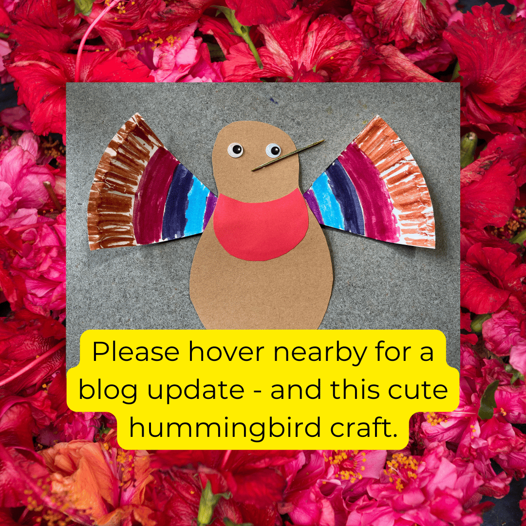 Paper plate and toothpick hummingbird craft asking you to hover nearby for a blog update soon