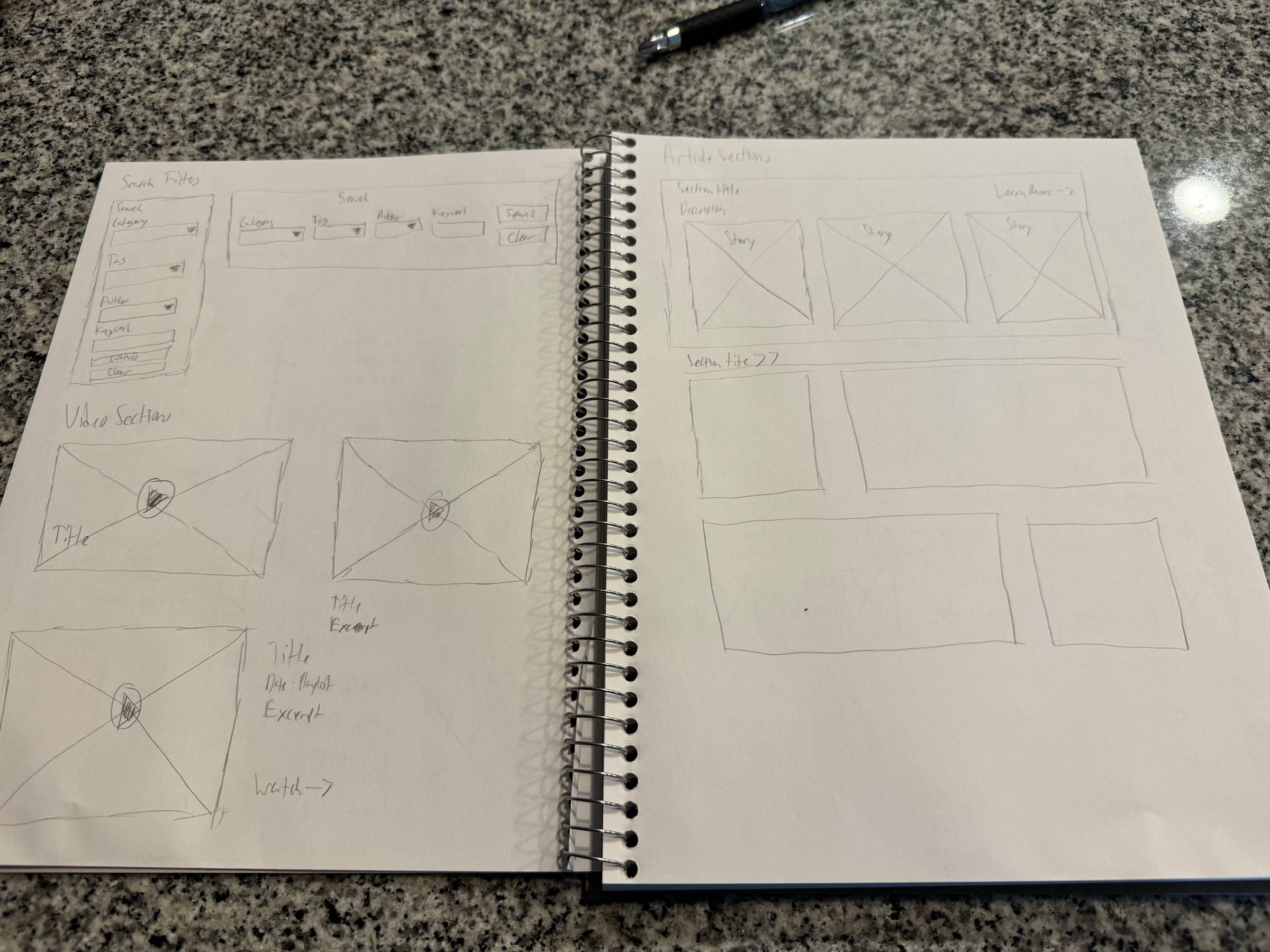 sketches for videos, search filters and article sections designs for a new WordPress themee