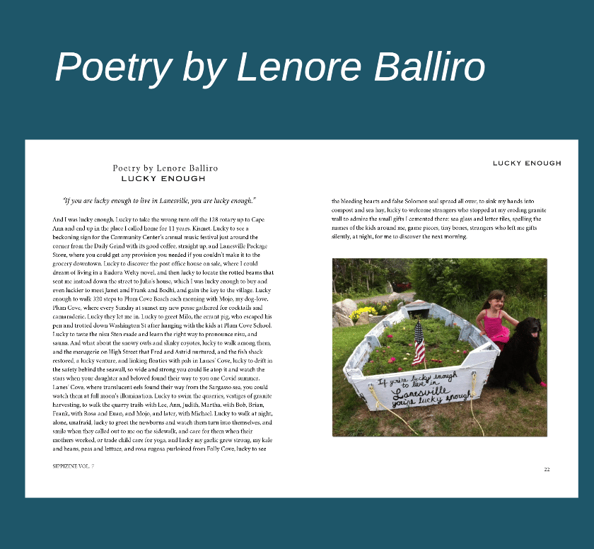 Graphic with turquoise background featuring the layout of Lenore Balliro's "Lucky Enough" from Sippizing Volume 7