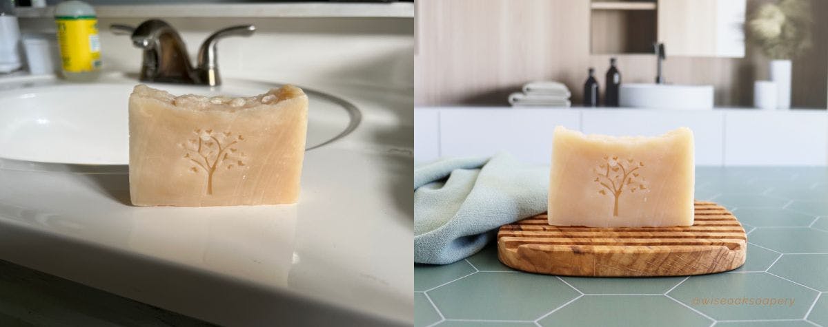 Two photos of handmade soap: one poorly lit and one well litt