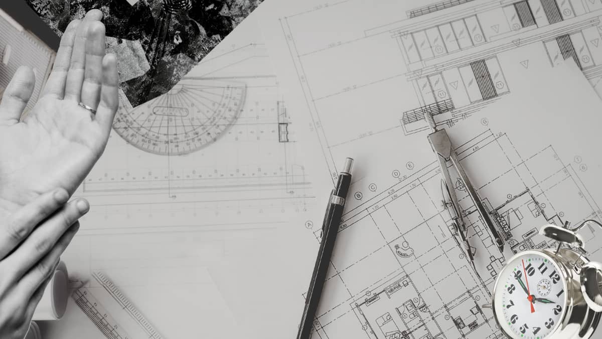 Hands, a blueprint, and a clock symbolizing creating systems to save time and deprioritize willpower