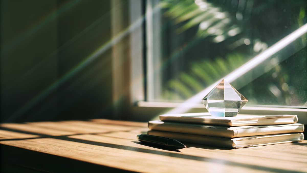 Sunlight streaming through a window onto a wooden desk with stacked notebooks, a pen, and a glass prism refracting light, symbolizing focus, clarity, and mental energy.