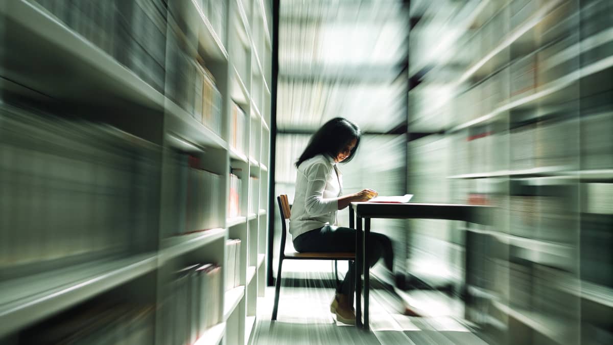 A woman sitting at a table in a library, writing in a notebook, surrounded by tall bookshelves with a soft motion blur effect suggesting focus and momentum.
