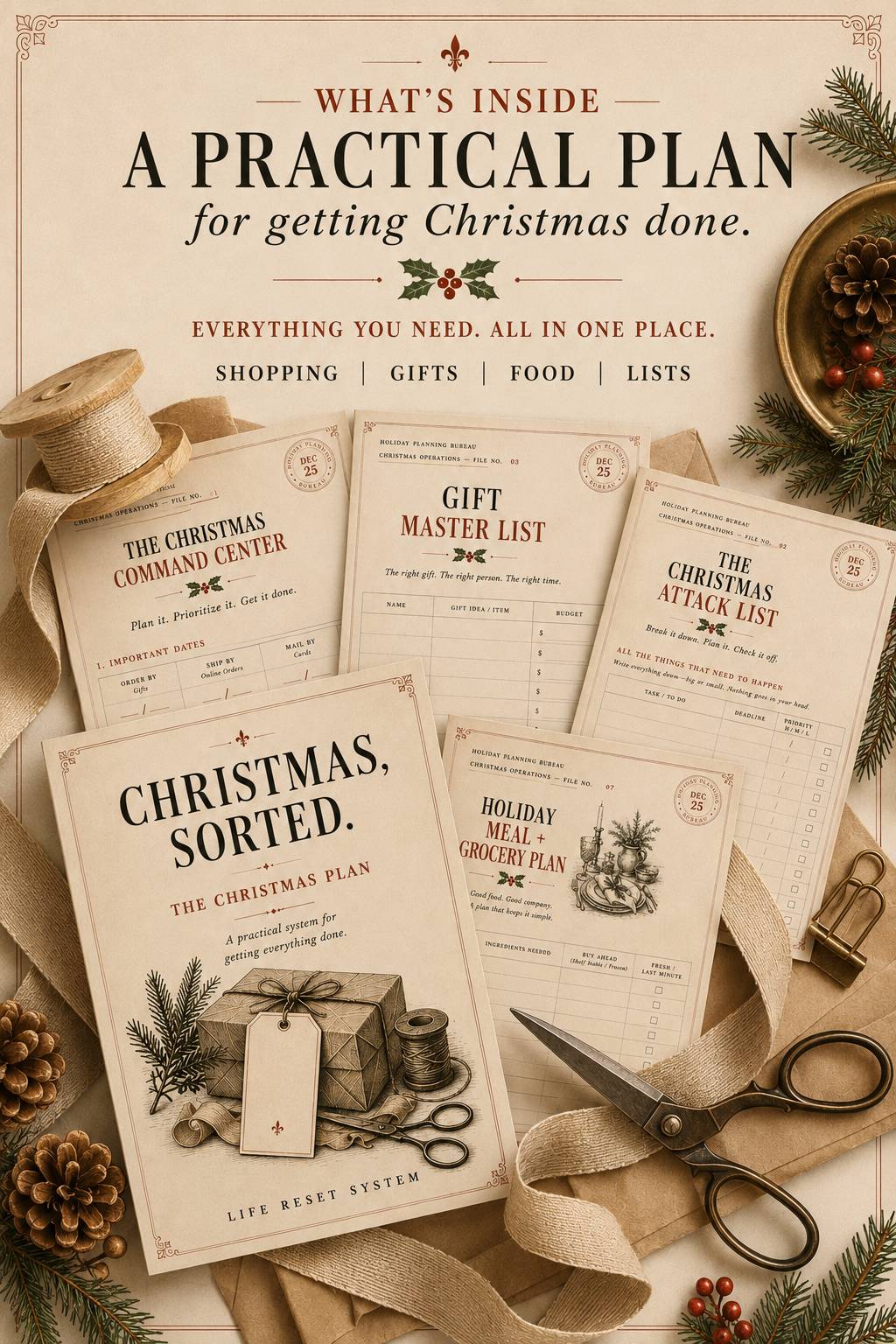 Christmas shopping planner pages for organizing gifts, purchases, orders and holiday tasks.