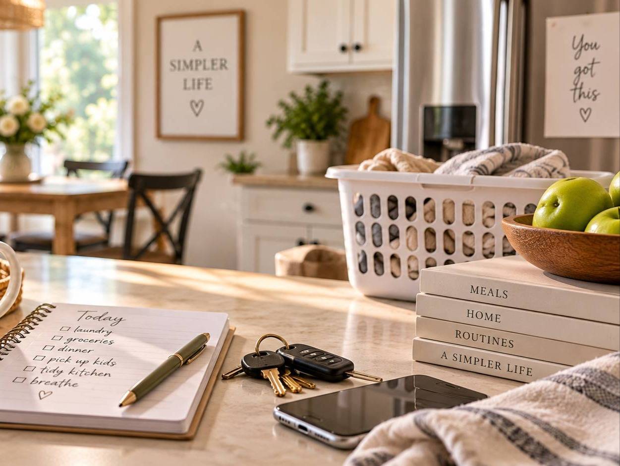 countertop with laundry a todo list car keys looks like a busy day ahead