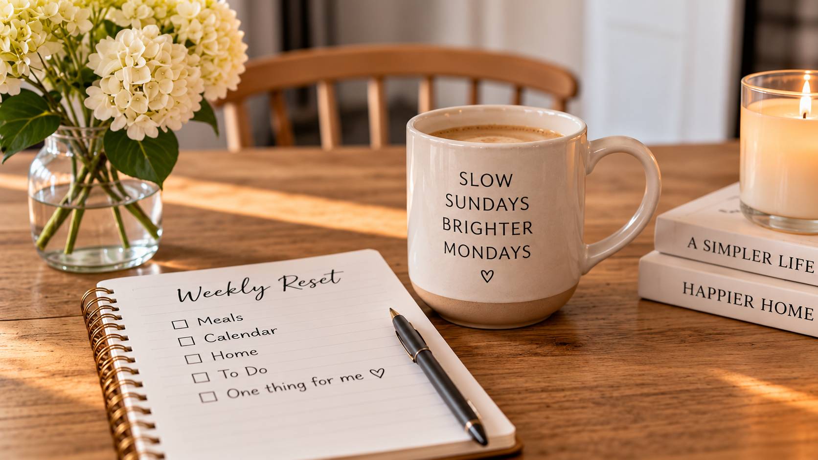 Coffee and a weekly reset checklist on a cozy Sunday morning