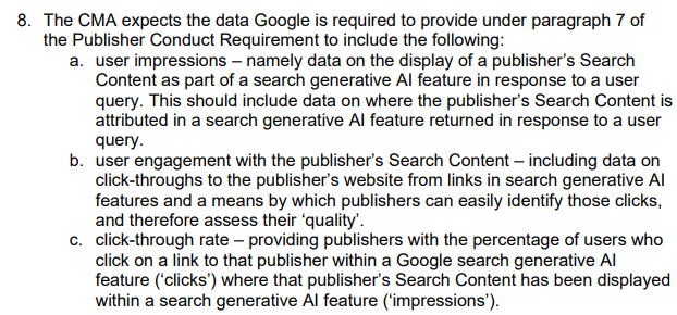 a list of data google must provide to publishers after the CMA decision in the UK