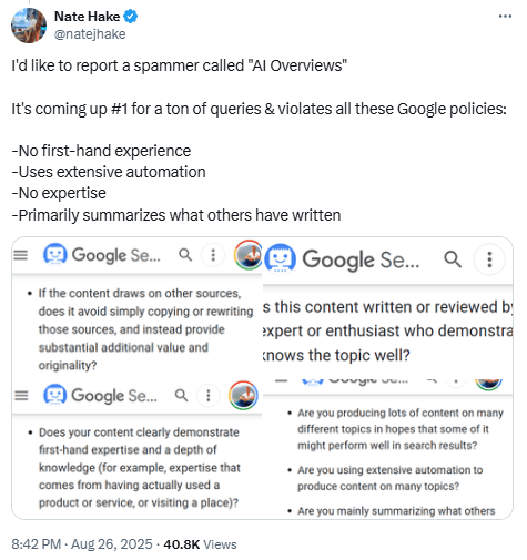 an X post accusing Google of violating it's own spam policies