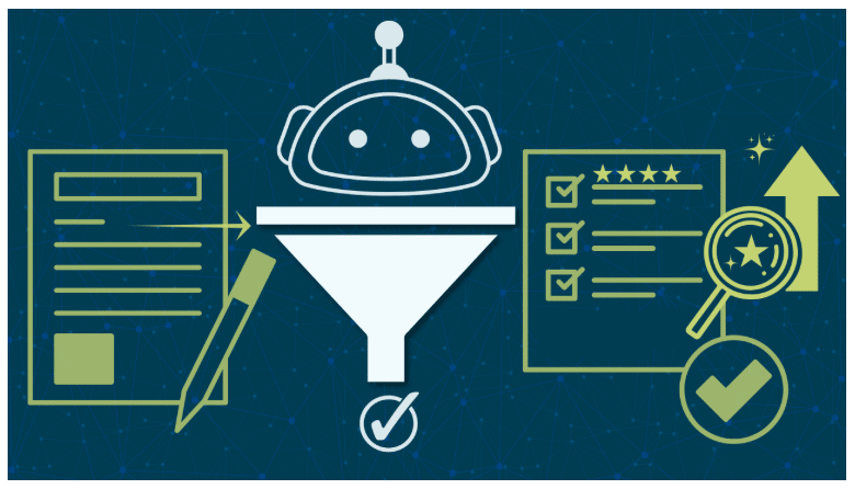 a stylized image of a robot with a funnel as a body and no legs. Pen and paper on the left and a checklist on the right. the brand colors - blue, green and gray - of North Star Inbound
