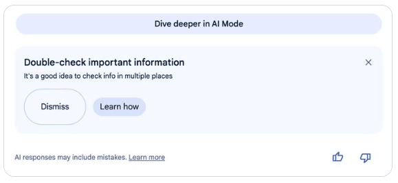 An advisory in Google search warning users that AI can make mistakes. It tells users to double-check important information