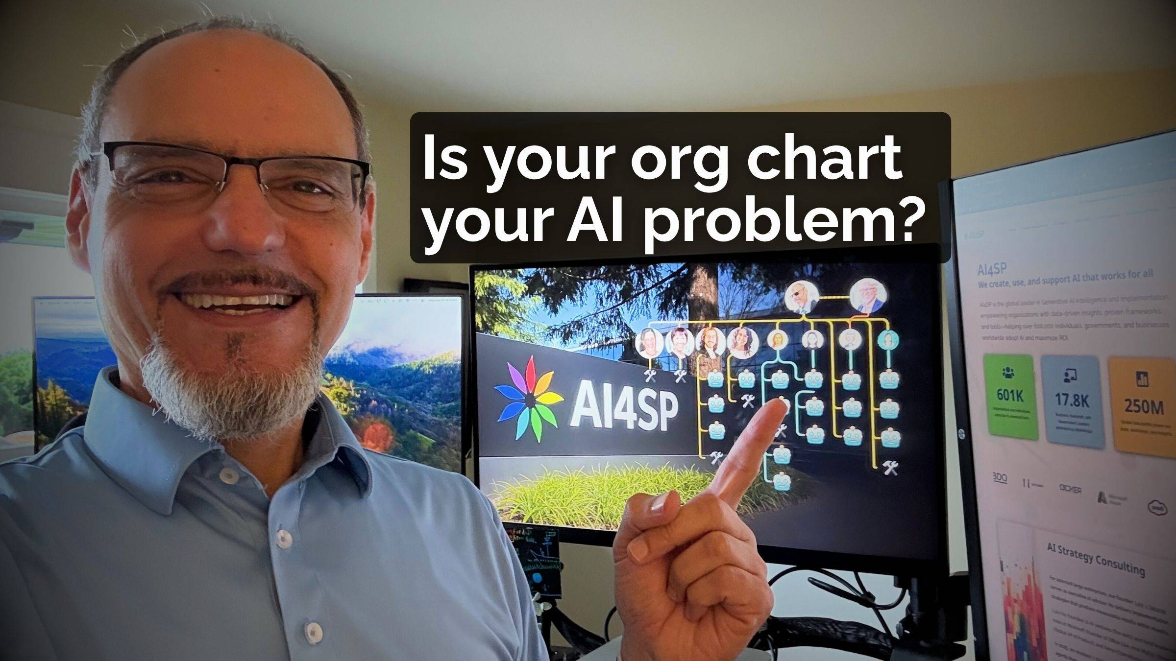 A photo of Luis Salazar, CEO of AI4SP in front of a computer screen that shows their org chart with a handful of humans and 40 AI agents