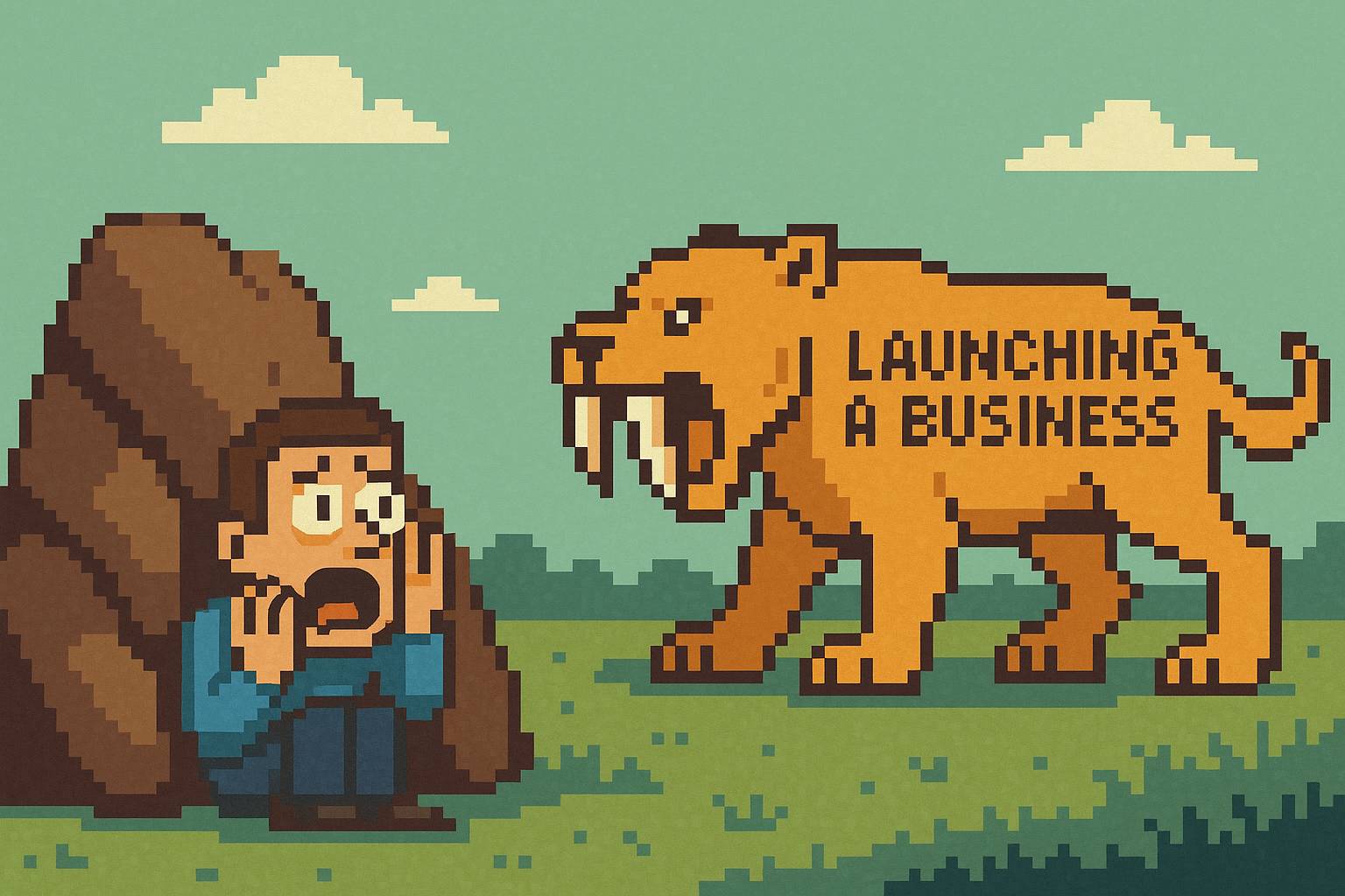 8-bit style illustration of a man hiding from a saber-toothed tiger