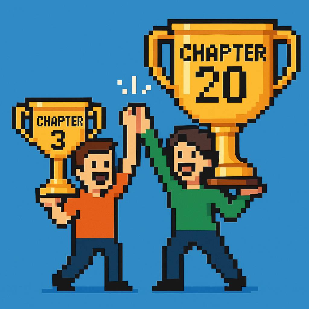 8-bit style illustration - two characters holding trophies and high-fiving