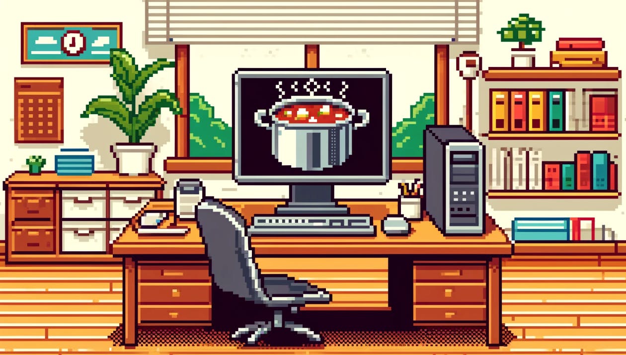An AI-generated 16-bit image of an office with a desk. On the desk is a computer, and on the computer monitor is a big pot of soup.