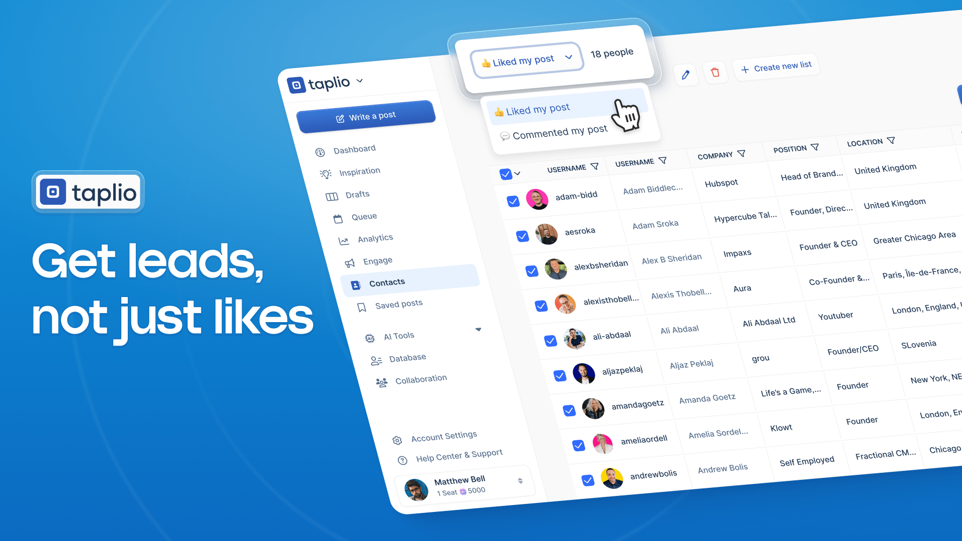 Image of taplio interface with the text "get leads, not just likes"