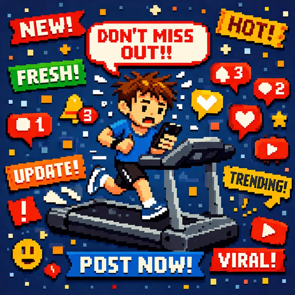 An 8-bit style image of a man running on the treadmill trying to keep up with content creation trends