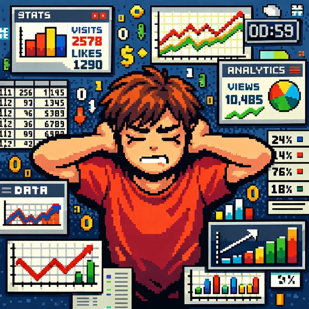 8-bit style image of a boy being overwhelmed by data and analytics