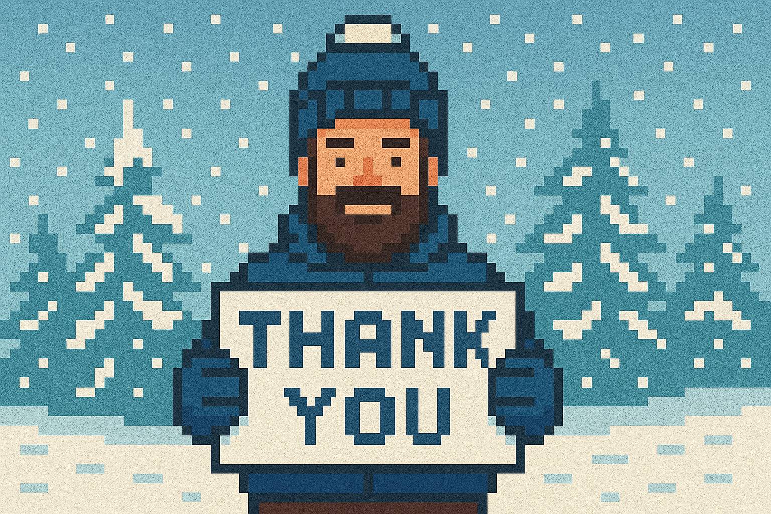 8-bit style image of a man holding a sign that says thank you