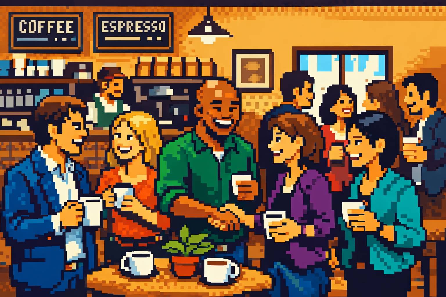 8-bit style image of people networking at a coffee shop
