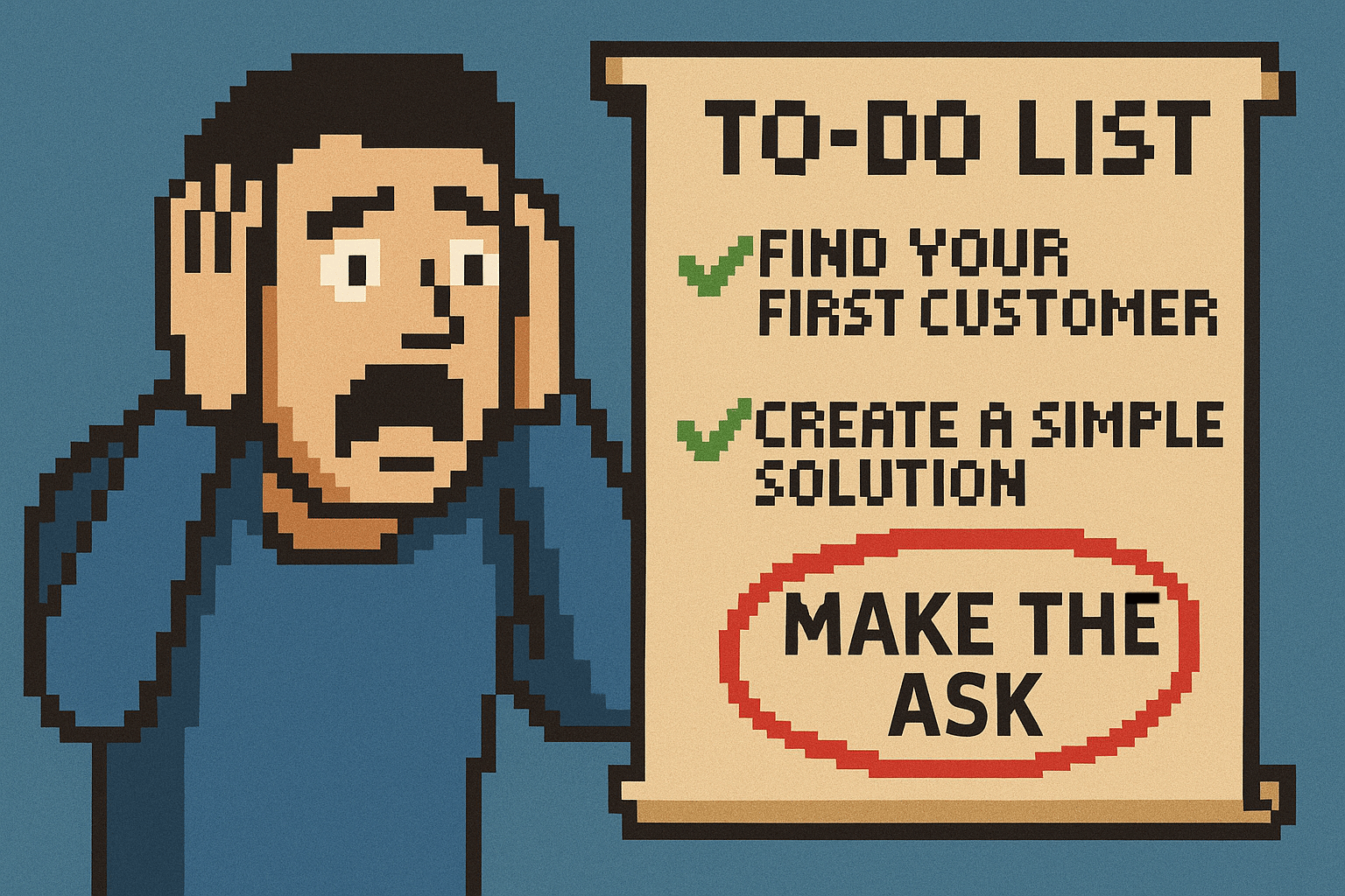 8-bit style illustration of a man who's afraid of the last item on his checklist: "Make the ask." 